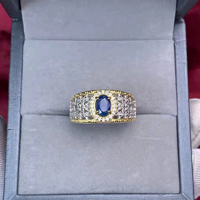 Natural Sapphire Men's Ring – Silver Inlay