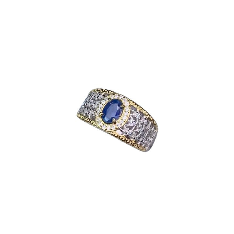 Natural Sapphire Men's Ring – Silver Inlay