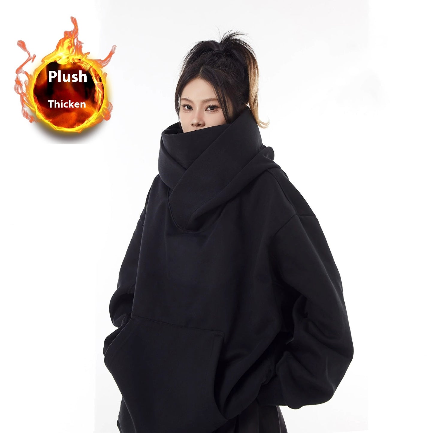 Lockerer Hoodie mit hohem Kragen und Fleecefutter