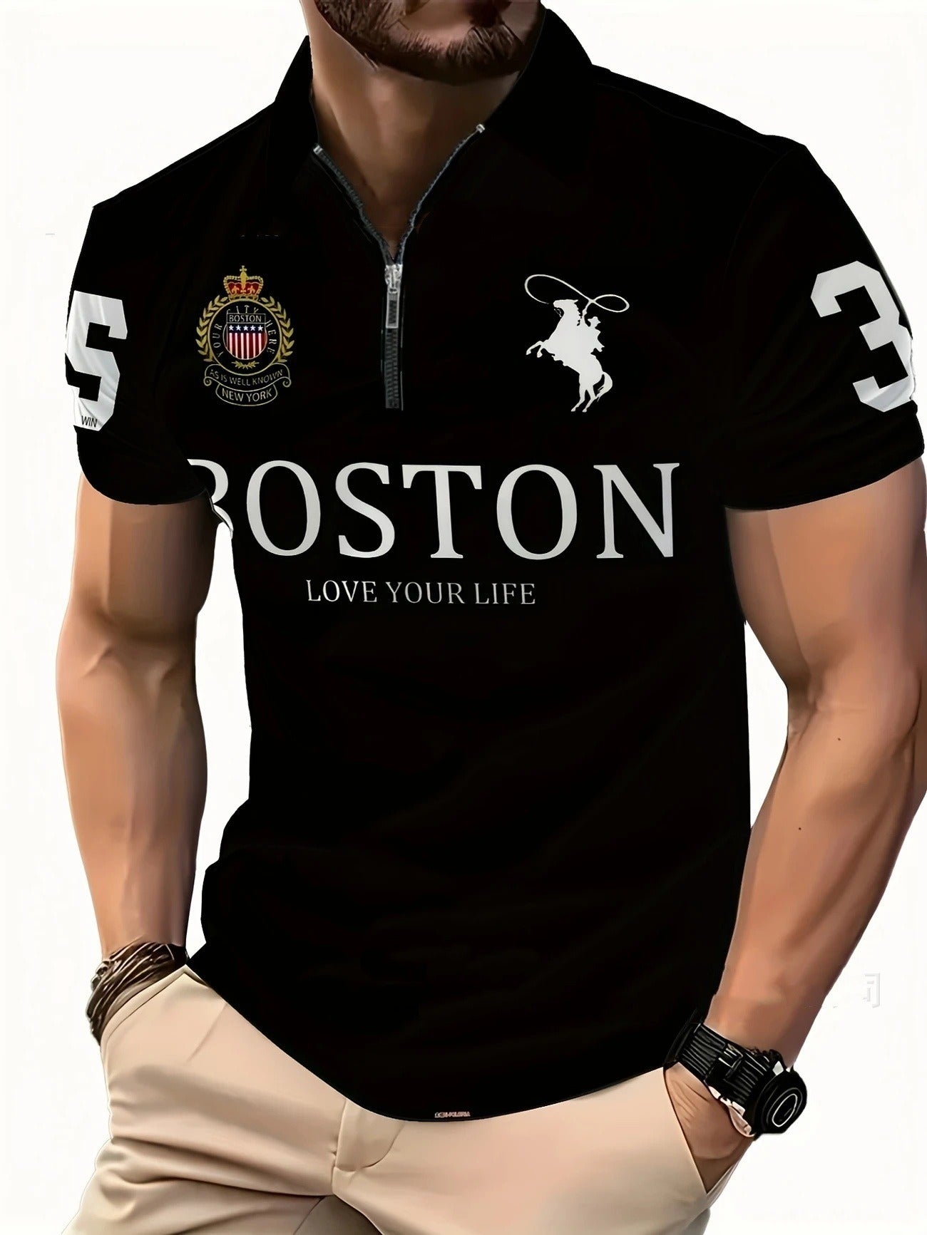 Herren-Poloshirt mit 3D-Digitaldruck und Reißverschluss